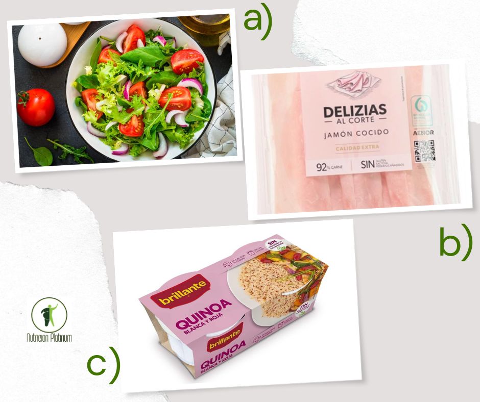 Ensalada mediterranea con jamón de york y quinoa blanca y roja.